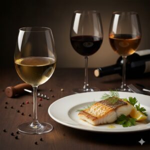Copa de vino blanco junto a un plato de pescado sellado, demostrando un maridaje perfecto.