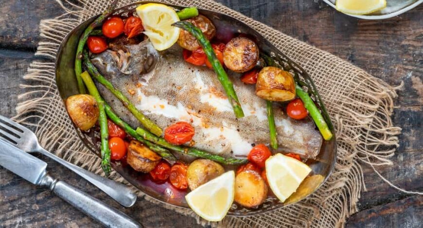 Lenguado al horno con verduras