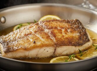 Filete de pescado Blanco del Nilo sellado en una sartén, mostrando la piel dorada y crujiente.