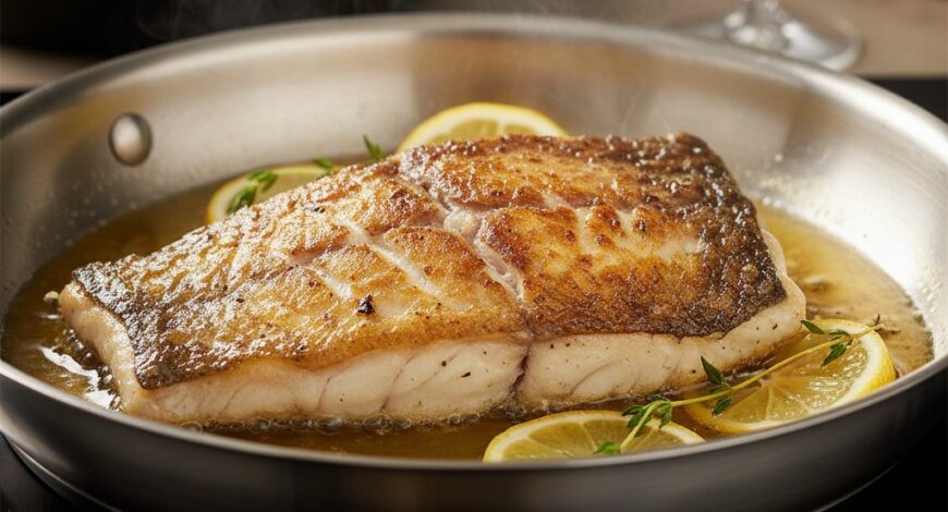Filete de pescado Blanco del Nilo sellado en una sartén, mostrando la piel dorada y crujiente.