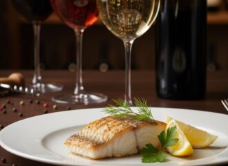 Copa de vino blanco junto a un plato de pescado sellado, demostrando un maridaje perfecto.