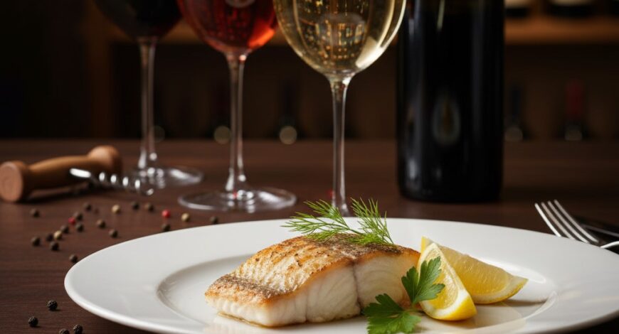 Copa de vino blanco junto a un plato de pescado sellado, demostrando un maridaje perfecto.