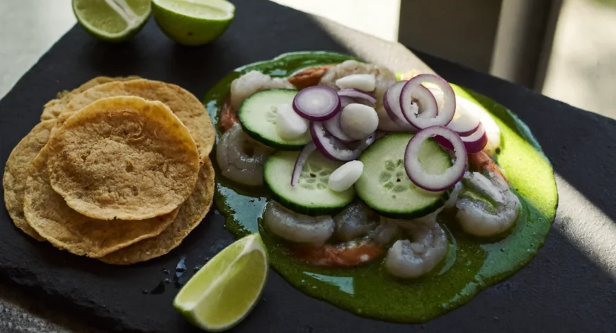 Aguachile de camarón casero en plato de piedra con pepino, cebolla morada y tostadas