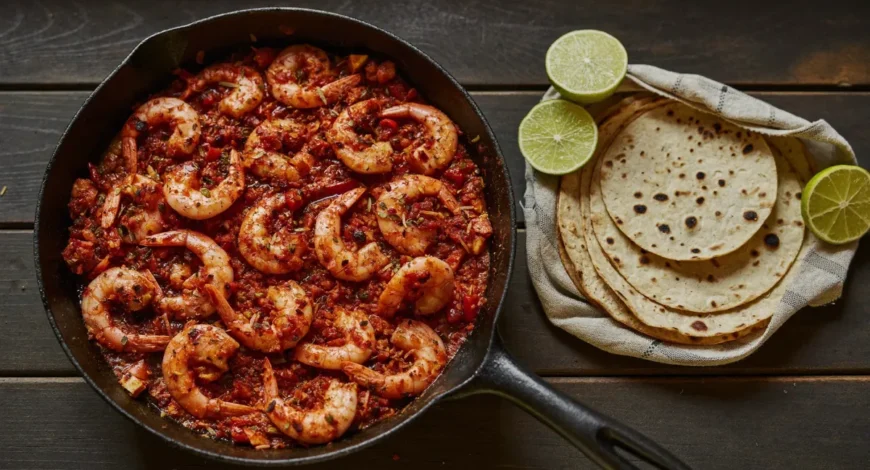 Sartén con camarón guasaveño en salsa martajada de tomate asado y serrano con tortillas de harina