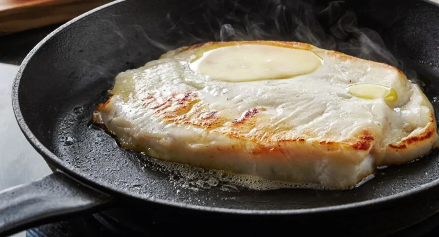 Filete de pescado blanco a la plancha dorándose en sartén de hierro fundido sin pegarse