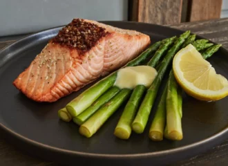 Filete de salmón con espárragos y mantequilla, plato de pescado para dieta keto alta en proteína