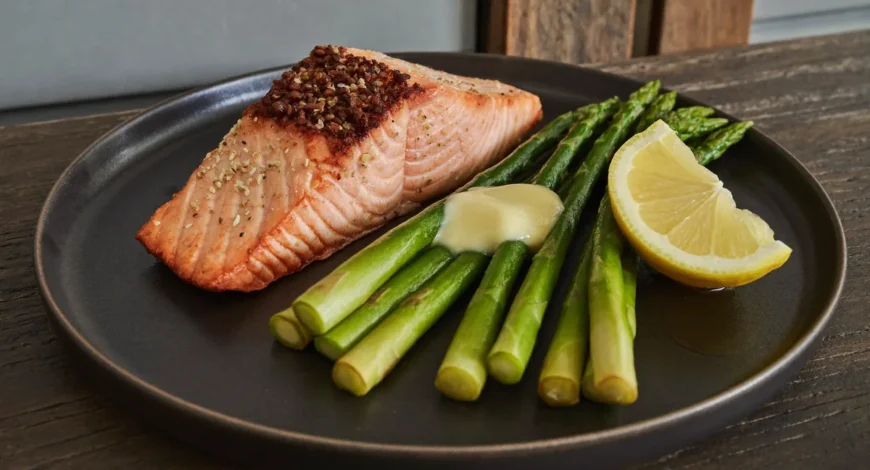 Filete de salmón con espárragos y mantequilla, plato de pescado para dieta keto alta en proteína
